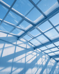 snow on greenhouse roof. Frozen Shattered Glass Texture - Cracked Ice Surface, Winter Frost Patterns, Abstract Cold Background, Wintery Breakage

