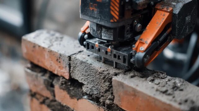 Medium shot showing a robotic bricklaying process with sensors ensuring perfect alignment illustrating innovative automation transforming traditional construction methods.