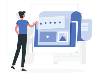 Man interacting with large blue rating stars and media on screen person blue shirt black pants