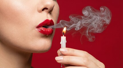 Woman with red lipstick blowing out white candle flame on red background