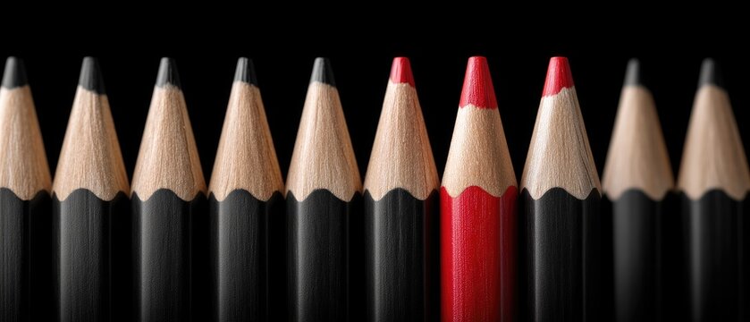 Row of black pencils with a red pencil creating a contrast, illustrating the theme of creativity in education and business settings - Powered by Adobe