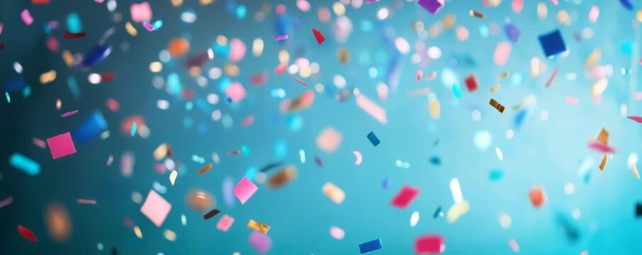 Colorful confetti pieces falling across a vibrant blue-green background, creating a festive texture and celebrating a joyous occasion