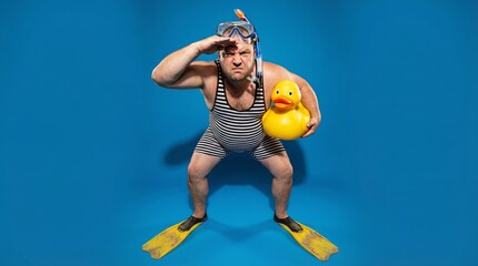 Man in striped swimsuit and flippers looking away holding large rubber duck