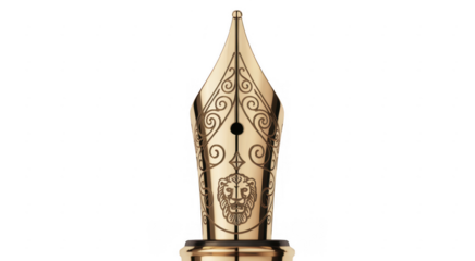 Gold fountain pen nib with intricate and lion engraving isolated on a transparent background