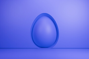 Blue 3D Easter egg on minimalist podium background.
