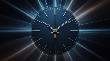 A clock with luminous light rays emanating from behind, symbolizing time and energy