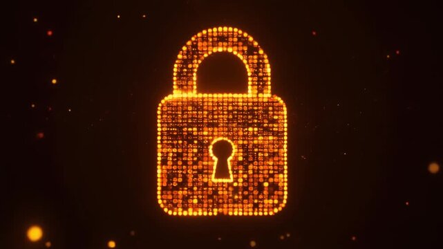 Glowing orange padlock made of particles on dark background, symbolizing cybersecurity and encryption.