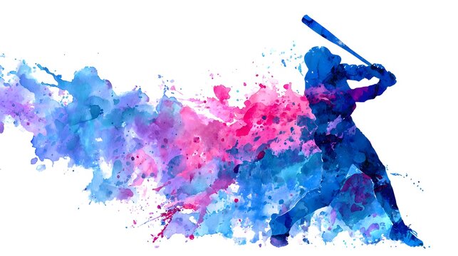 Dynamic Silhouette of a Baseball Player in Action with Colorful Splashes.