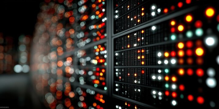 Abstract server room data center background with red and white bokeh lights representing big data.

 - Powered by Adobe