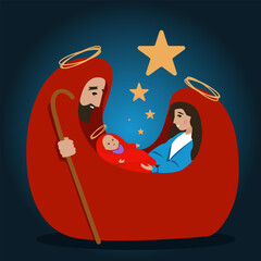 Vector illustration of the Holy Family with Mary, Joseph, and baby Jesus under shining stars, symbolizing Christmas, faith, God&rsquo;s love, and the birth of Christ in a peaceful night scene.