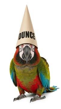 parrot wearing a dunce cap hat, dim, dumb, stupid, on a white background, animal photo