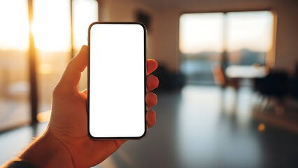 Hand holding a smartphone with a blank screen in a bright, modern living room at sunset