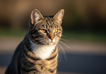 A closeup portrait of a striking tabby cat with bright yellow eyes and distinct stripes, looking intently into the distance with a thoughtful expression in natural sunlight