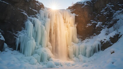 Frozen waterfall with ice formations and sunlight in winter landscape