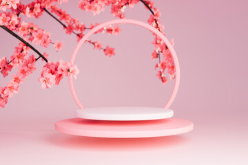 Round podium with sakura tree frame 3D.