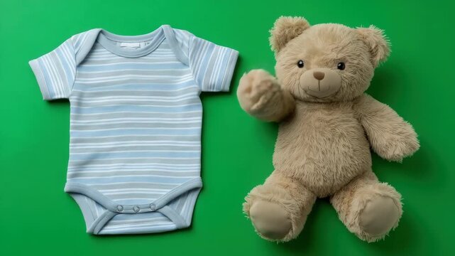 Teddy bear and baby onesie interaction on green background in gentle motion sequence