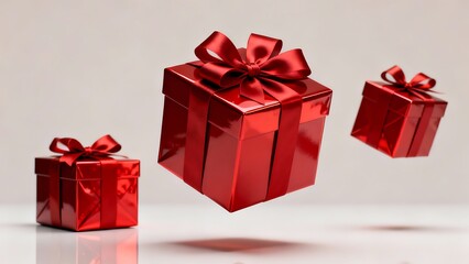 Obraz premium A glossy red Christmas gift box with satin ribbon and bow. Premium packaging in a luxurious Christmas advertising style.