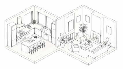 Modern Isometric Interior Design Sketch of a Kitchen and Living Room.