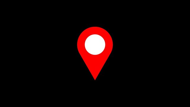 Animated red map location pin icon on a black background for digital navigation interfaces GPS tracking apps and mobile travel directory software visualization.
