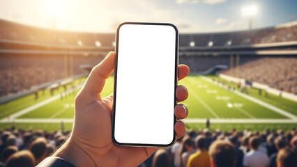 Hand holding a smartphone with a blank white screen in a packed football stadium during a game