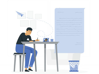 Man sitting at desk with laptop and writing on paper desig