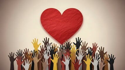 Many hands reaching up toward a large bright red paper heart illustration