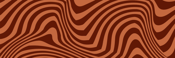 Retro coffee color background. Milk chocolate liquid dessert texture. Wavy swirl candy pattern for poster, cover, banner, pamphlet. Vintage brown trippy hippie wallpaper in 60s or 70s style. Vector