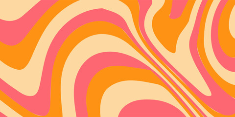 1970 Wavy Swirl Seamless Pattern in Orange and Pink Colors. Hand-Drawn Vector Illustration. Seventies Style, Groovy Background, Wallpaper, Print. Flat Design, Hippie Aesthetic.