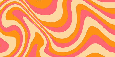 1970 Wavy Swirl Seamless Pattern in Orange and Pink Colors. Hand-Drawn Vector Illustration. Seventies Style, Groovy Background, Wallpaper, Print. Flat Design, Hippie Aesthetic.