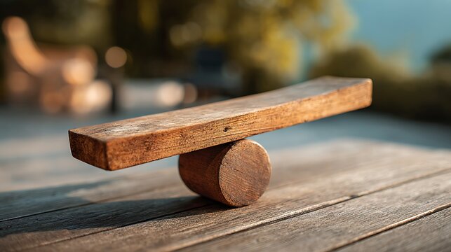 Awesome photo of wooden seesaw balancing on a log on a timber deck outdoors.
