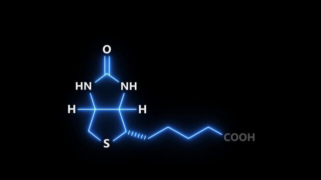 neon Vitamin B7 and H Molecular Structure On black Background. Vitamin B7 and H Molecular Structure Symbol icon Animation. Vitamin B7 and H Molecule Structure icon.
