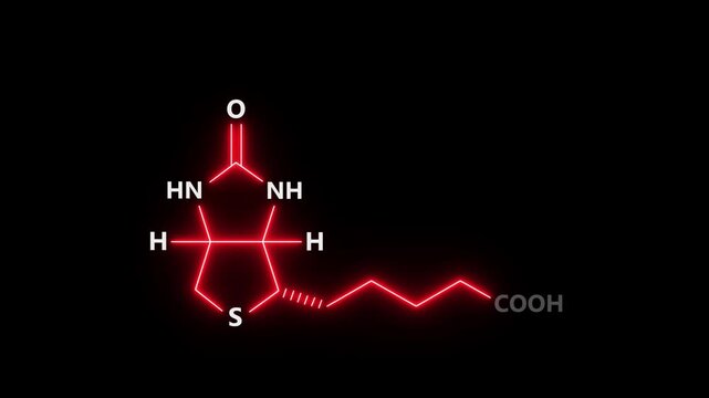 neon Vitamin B7 and H Molecular Structure On black Background. Vitamin B7 and H Molecular Structure Symbol icon Animation. Vitamin B7 and H Molecule Structure icon.