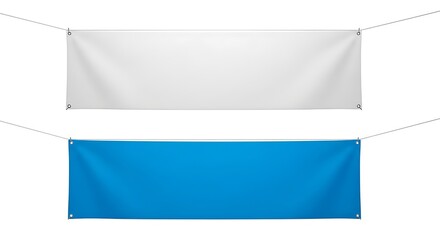 Obraz premium Two blank rectangular banners hanging on ropes mockup isolated on white background white and blue fabric posters for advertising and design