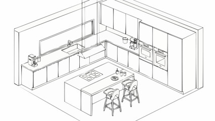 Modern Kitchen Design Sketch with Island and Bar Stools.