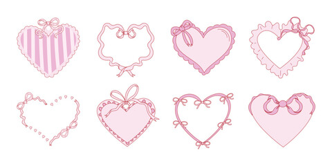 Cute heart frames with bows and ribbons. Romantic decorative hearts for Valentine’s Day, wedding invitations, greeting cards and love designs. Flat vector illustration isolated on white background.