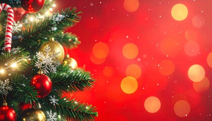Obraz premium Christmas Tree with Red Ornaments and Festive Bokeh Background