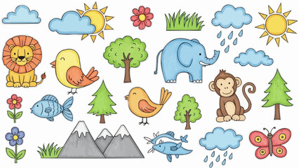 Cute cartoon animals and nature elements for children.