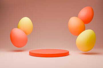 Orange and yellow flying Easter eggs around orange podium.