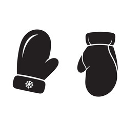 Flat Vector Black Mittens with Snowflake Icon on White Background