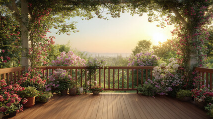 Obraz premium A stunning deck surrounded by a vibrant garden with a view of the beautiful nature