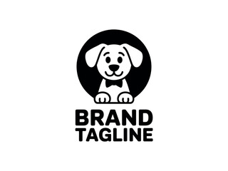 Simple Cartoon Dog Logo Design with Bowtie and Brand Tagline on White Background