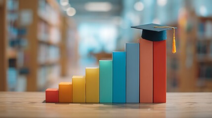 Awesome photo of conceptual illustration of education growth and academic success with colorful book-shaped bar chart and graduation cap in a library background.