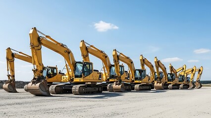 Many yellow excavators lined up on a construction site ready for work