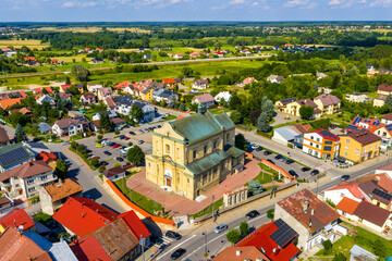 Aerial view of XVII century Birth of Blessed Virgin Mary parish church in historic quarter of Sedziszow Malopolski town in Podkarpacie region of Lesser Poland © Art Media Factory