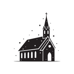 Minimalist Black Church Illustration with Stars on White Background