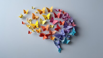 Awesome photo of brain Shape Formed by a Cloud of Multi-Colored Origami Butterflies Representing Neurodiversity and Creative Thinking.