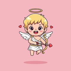 Cute cartoon Cupid character with golden halo white wings bow and hearttipped arrow.