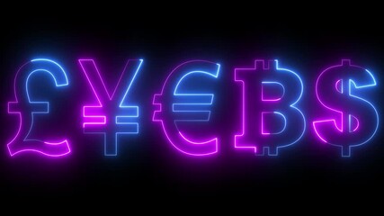 neon business concept currency symbol icon animation. various currency icon. Money symbols dollar euro pound yen bitcoin icon. Static global currency symbols exchange rates. modern financial concept.  - Powered by Adobe