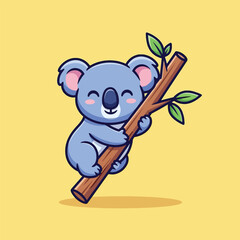 Cute Cartoon Koala Bear Happily Climbing Tree Branch with Green Leaves.