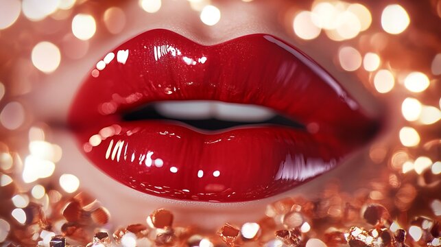 Close up of full red glossy lips pursed slightly with soft bokeh lights in the background creating a romantic and glamorous mood - Powered by Adobe